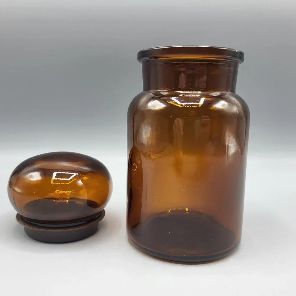 Vintage Amber Brown Glass Apothecary Jar With Bubble Lid Made In Belgium